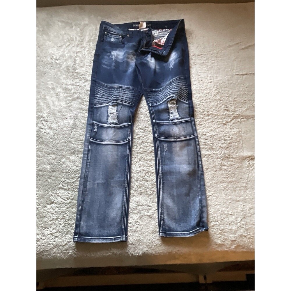 Hard Soda Acid Wash Moto Biker Jeans Distressed Ripped Design Denim Pants 36